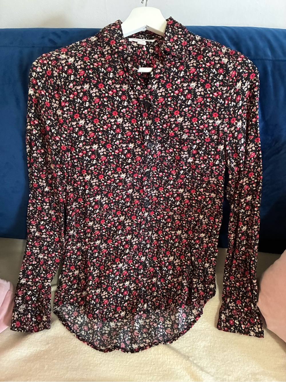 beachlunchlounge Black Floral Button-Down Shirt with Red and Cream Flowers